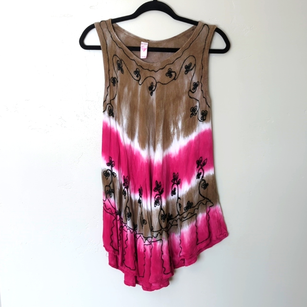 Miss Love Indian Brown & Pink Gradient Embroidered Tank Mini Dress Free Size
